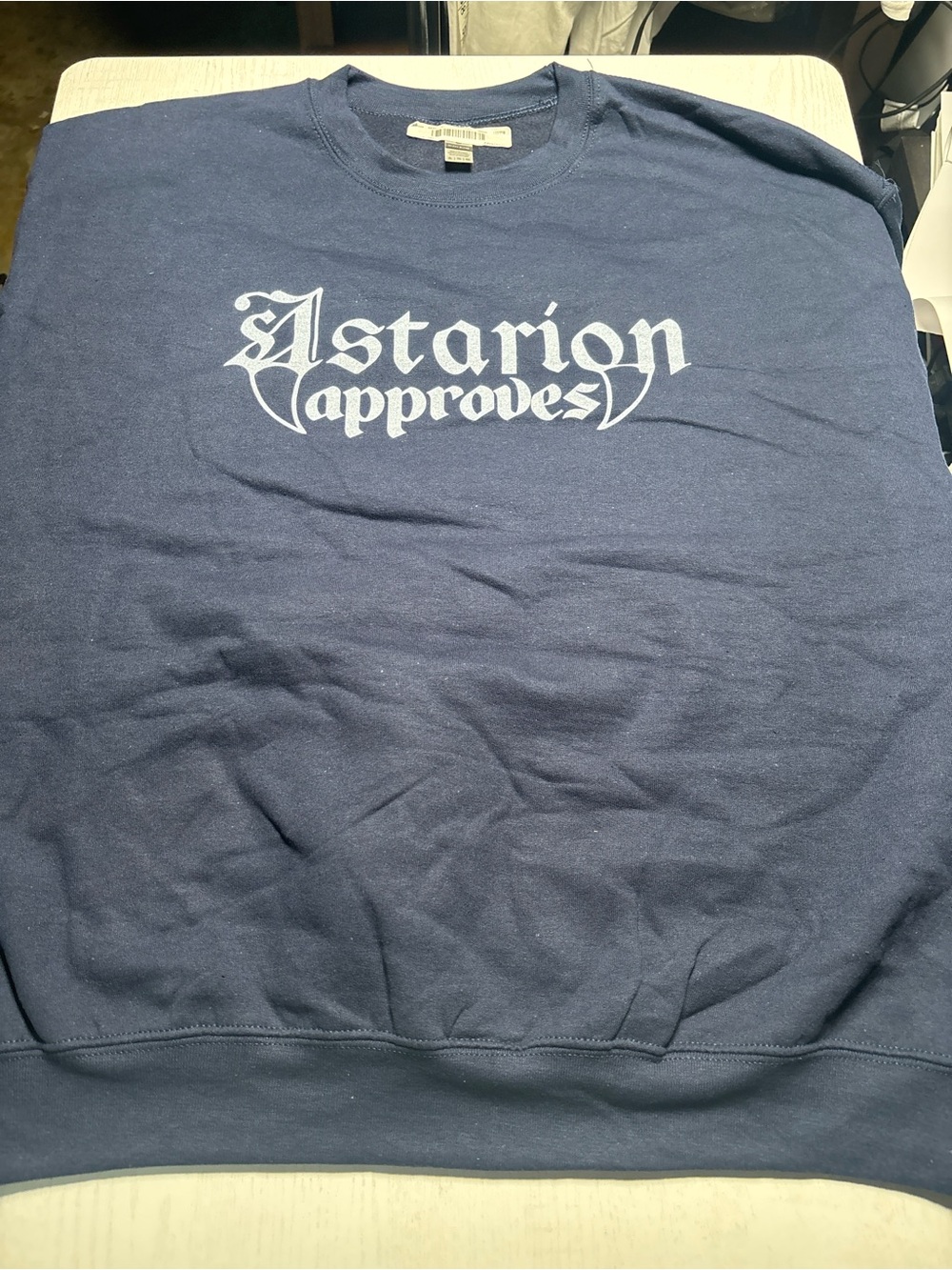 Gildan Navy Crewneck with White 'Astarion Approves' Graphic